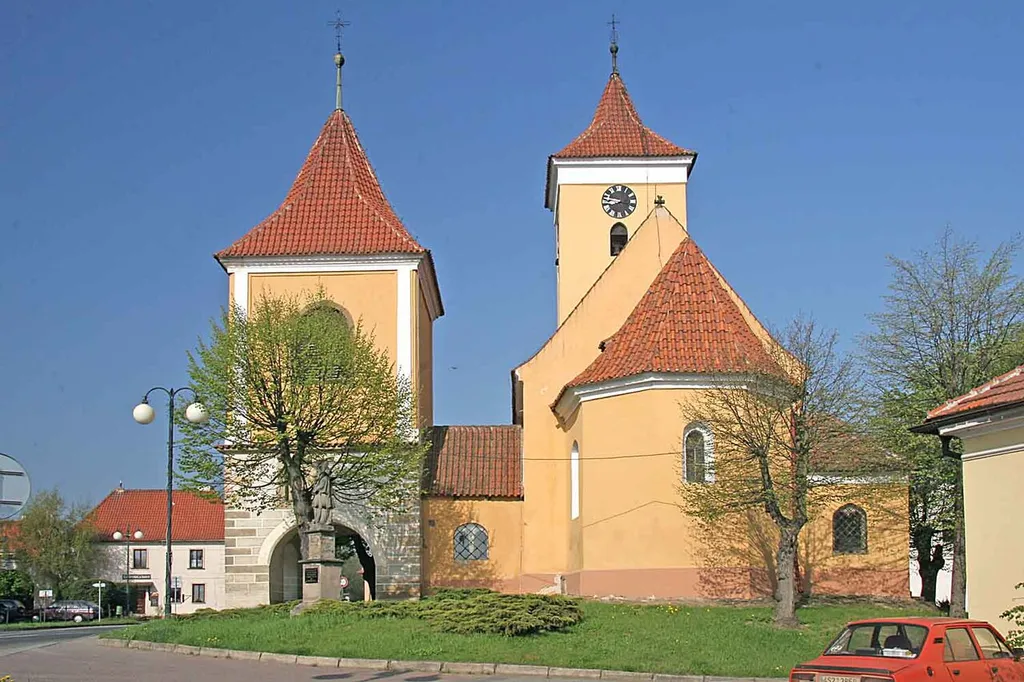St Wenceslaus church and bell tower in Nehvizdy, Prague-East District, Czech Republic.