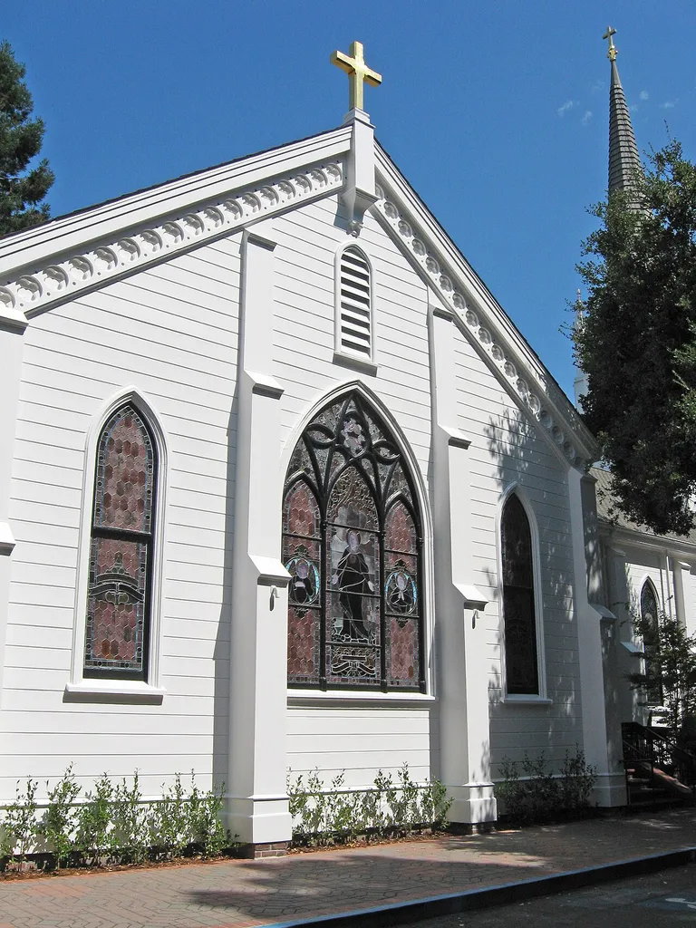 Side view of the Church of the Nativity in Menlo Park, California. It is listed on the National Register of Historic Places in San Mateo County, California.
