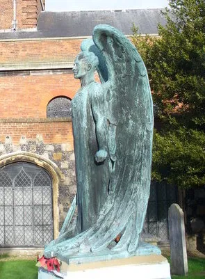 An on-pediment verdigris bronze sculpture of Major Geoffrey Brooke Parnell with inscription below, of 1922, designed by his sister the author and children's illustrator, Edith Farmiloe. He served in World War I.
