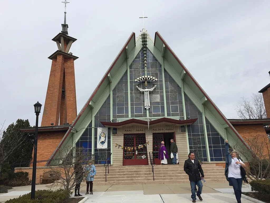 Front view of the Transfiguration Roman Catholic Church in Maspeth, Queens, New York.