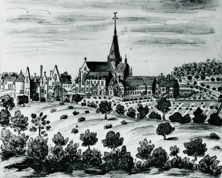 L'abbaye de Fontaine Daniel en 1695, par Louis Boudan.