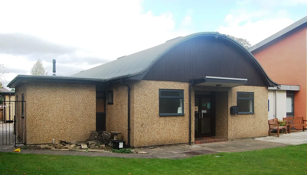 The parish hall of Holy Cross Church, Park Road, Timperley, Greater Manchester, England. Built in 1968 as St Catherine's Church, but superseded by the permanent Holy Cross Church on the adjacent site in 2001. It is a Reema Construction prefabricated hall.
