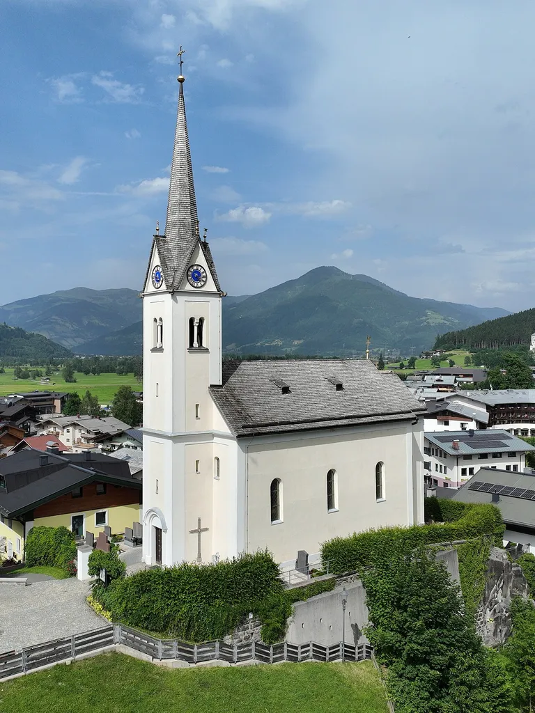 Southwest view of the parish church in Kaprun, Austria.