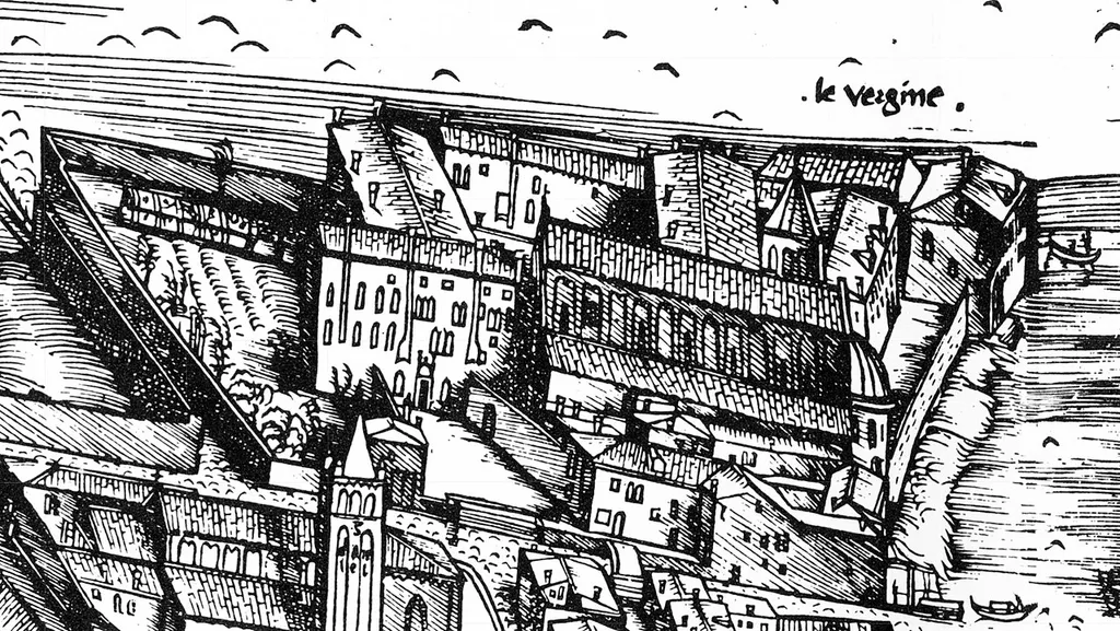 Jacopo de' Barbari (Venetian, c. 1460/1470 - 1516 or before), View of Venice [detail], Santa Maria delle Vergini church, 1500, woodcut on two sheets pasted together, Rosenwald Collection 1950.1.19