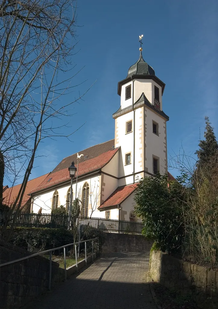 View of the Georgskirche (Saint George church) in Kleiningersheim (a district of Ingersheim, Baden-Württemberg, Germany), seen from southeast. Image slightly edited.