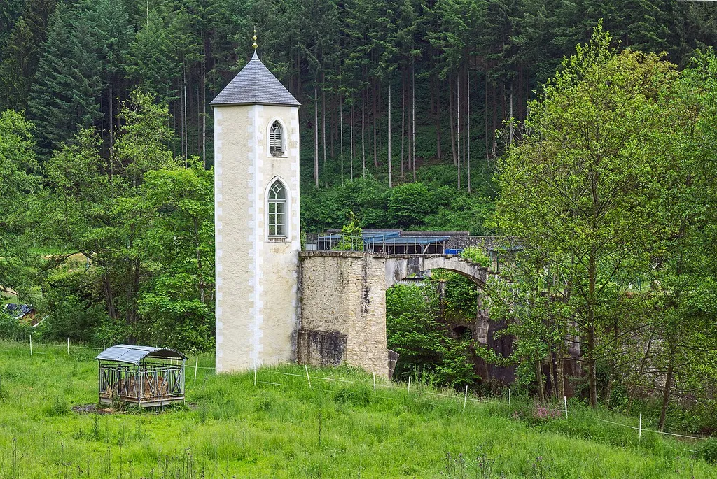 Yolanda-Tower with bridge over the Eisch at former Marienthal convent