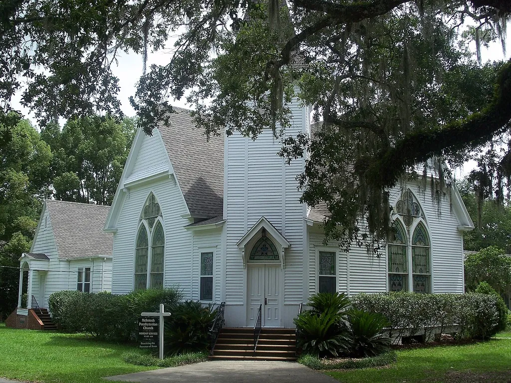 Methodist church in the McIntosh Historic District. The district is on the National Register of Historic Places