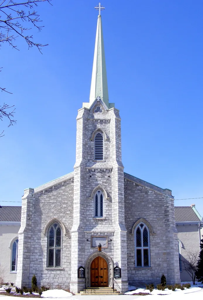 St. George's Anglican church in downtown St. Catharines, Ontario (tower built in 1845 according to inscription). Date: March 17, 2008 Source: Photo by me, User:Balcer.