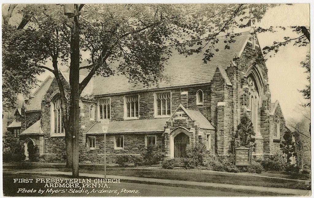 First Presbyterian church in Ardmore, Pennsylvania from a pre-1923 postcard From RG 428, Postcard Collection, Presbyterian Historical Society, Philadelphia, Pennsylvania.