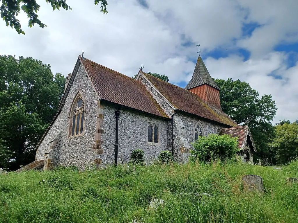 St. Mary's Church, Selmeston, East Sussex, England. 19th century on older foundations, in 14th-century style. Grade II listed.