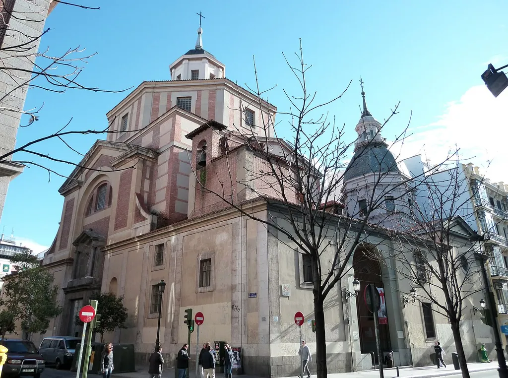 Façade of Saint Sebastian Church in Madrid (Spain), at 39 Calle de Atocha (street) in Centro district.