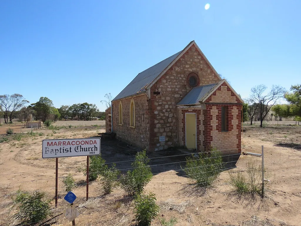 The heritage listed Marracoonda Baptist Church, Western Australia. The church is listed under both the Shire of Katanning (Inherit # 1363) and Shire of Woodanilling (Inherit # 17138) due to its location on the border of the two.