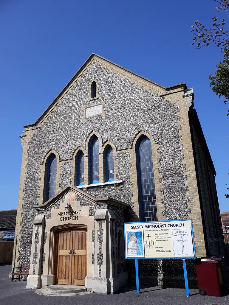 The Methodist Church, High Street, Selsey. Grade II listed, built in 1867. West Sussex, England. .mw-parser-output .messagebox{margin:4px 0;width:auto;border-collapse:collapse;border:2px solid var(--border-color-progressive,#6485d1);background-color:var(--background-color-neutral-subtle,#fbfcff);color:var(--color-base,#202122);box-sizing:border-box;border-inline-start-width:8px}.mw-parser-output .messagebox.mbox-small{font-size:88%;line-height:1.25em}.mw-parser-output .mbox-warning,.mw-parser-output .mbox-speedy{border:2px solid var(--border-color-error,#b22222);background:var(--background-color-error-subtle,#ffdbdb);border-inline-start-width:8px}.mw-parser-output .mbox-serious,.mw-parser-output .mbox-delete,.mw-parser-output .mbox-stop{border:2px solid var(--border-color-error,#b22222);border-inline-start-width:8px}.mw-parser-output .mbox-issue,.mw-parser-output .mbox-content{border:2px solid #f28500;background:var(--background-color-warning-subtle,#ffe);border-inline-start-width:8px}.mw-parser-output .mbox-query,.mw-parser-output .mbox-style{border:2px solid #f4c430;background:var(--background-color-warning-subtle,#ffe);border-inline-start-width:8px}.mw-parser-output .mbox-shit{border:2px solid #960;border-inline-start-width:8px}.mw-parser-output .mbox-license{border:2px solid #88a;border-inline-start-width:initial}.mw-parser-output .mbox-legal{border:2px solid var(--border-color-notice,#666);background:var(--background-color-base,#fff);border-inline-start-width:8px}.mw-parser-output .mbox-honor{border:2px solid #ca3;background:var(--background-color-warning-subtle,#fcf4db);border-inline-start-width:8px}.mw-parser-output .mbox-growth{border:2px solid #8d4;background:var(--background-color-success-subtle,#d5fdf4);border-inline-start-width:8px}.mw-parser-output .mbox-move{border:2px solid #93c;border-inline-start-width:8px}.mw-parser-output .mbox-protection,.mw-parser-output .mbox-message{border:2px solid var(--border-color-base,#aaa);border-inline-start-width:8px}.