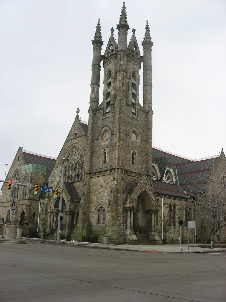 Exterior of St. Paul's Episcopal Church, located at 4120 Euclid Avenue in Cleveland, Ohio, United States. Built in 1876, the church is listed on the National Register of Historic Places.