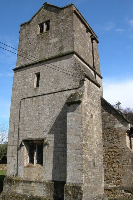 West tower of St Mary's parish church, Icomb, Gloucestershire, seen from the southwest