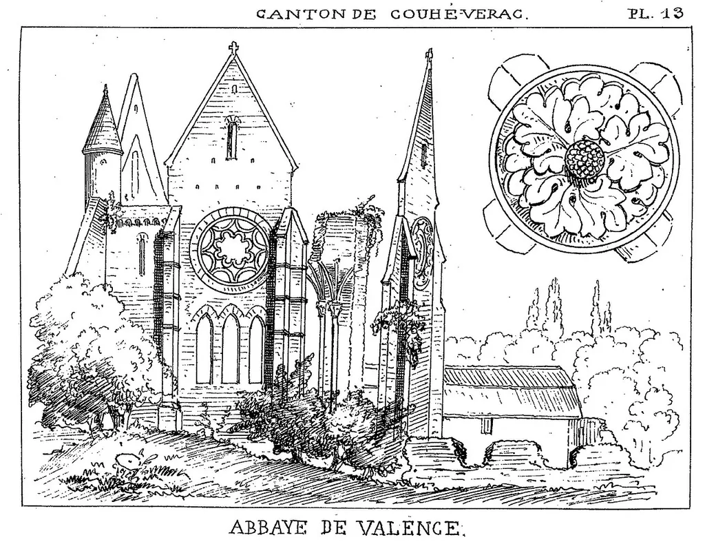 Dessin Abbaye de Valence. 86700 Couhé. Ruines de l'abbatiale au XIXeme siècle