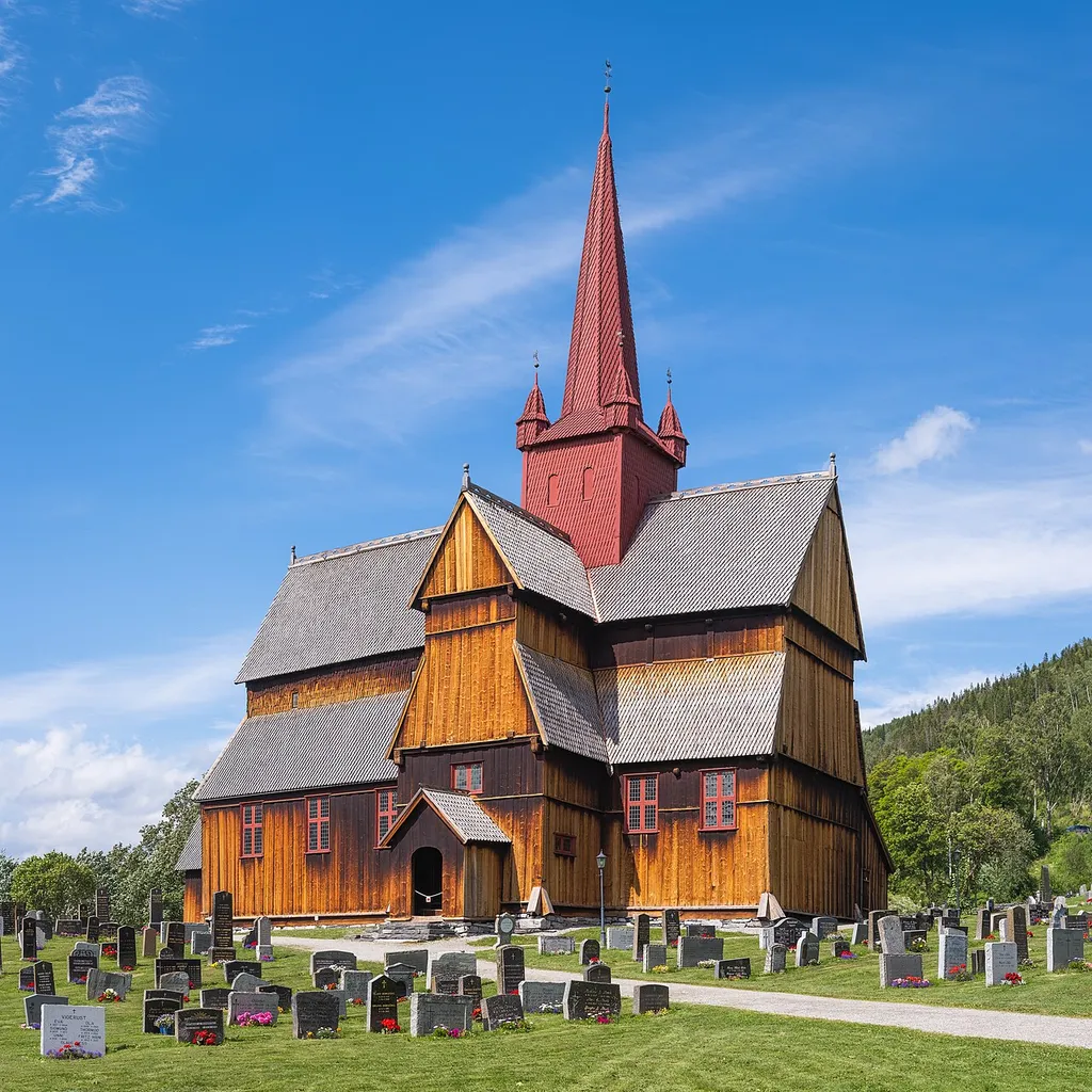 The Ringebu Stave Church (Ringebu stavkyrkje), one of the 28 remaining stave churches in Norway, photographed from the south-east. Originally built in the 13th century, the church was enlarged in the 17th century and is characterised by its distinctive red spire added during that renovation. The church is surrounded by its cemetery and is listed as a protected heritage site. Located in Ringebu, Innlandet, Norway.