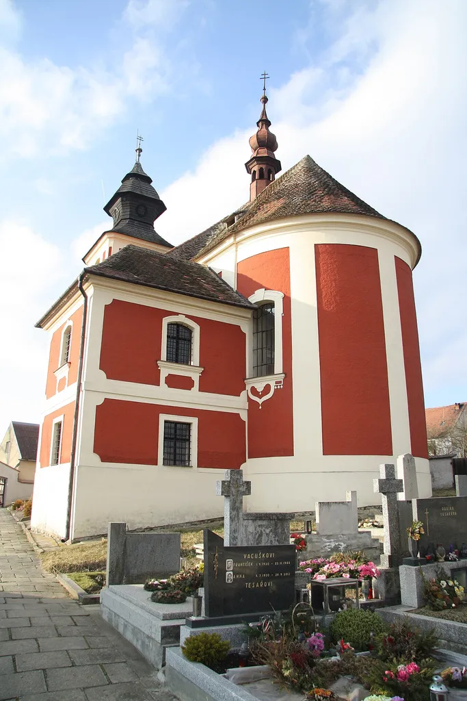 Back view of church of Saint Catherine in Slavíkovice, Třebíč District.