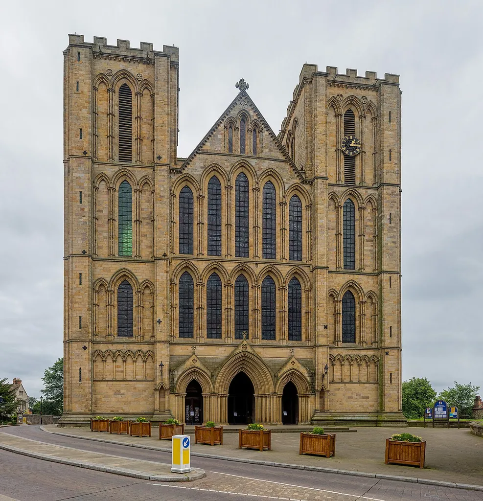 Ripon Cathedral's western facade as viewed from Minster Rd in North Yorkshire, England.