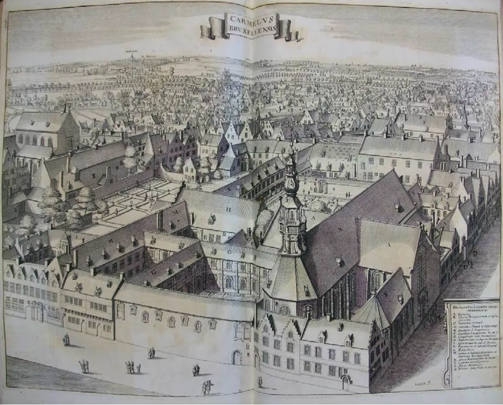 The Brussels convent of the Calced Carmelites, from Sanderus. Etching by Reinier Blockhuizen after Lucas II Vorsterman after Jacob van Werden.