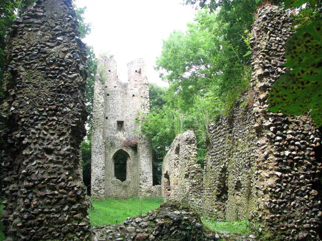 View inside the ruin of St Mary's church, Saxlingham Thorpe, Norfolk, looking west toward the remains of the tower
