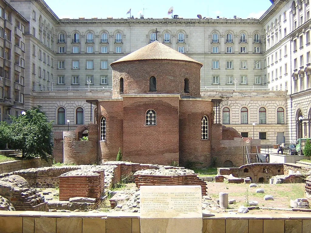 St. George Rotunda in Sofia, Bulgaria; in the foreground remains of Serdica, in the background the back of the Sheraton Hotel