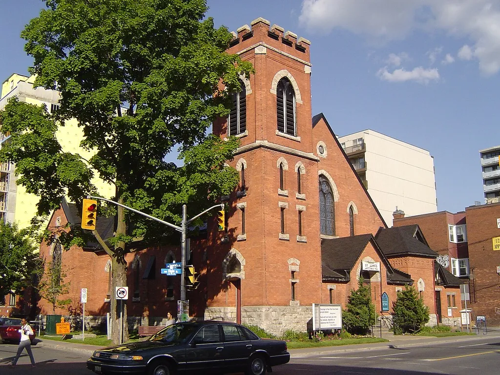 The Anglican Church of St. John the Evangelist, Ottawa, Ontario, Canada, taken on June 24, 2007 on the corner of Elgin and Somerset Streets. This image is to go in the wikipedia article, "Anglican Church of St. John the Evangelist (Ottawa)"