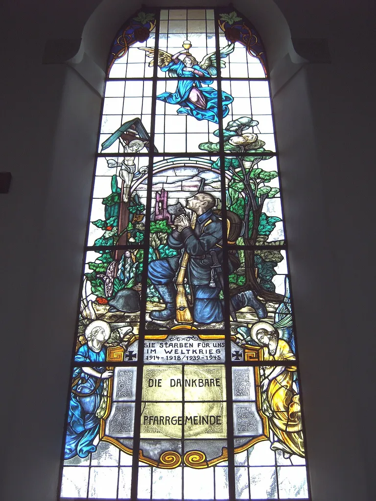 Dietelskirchen, Parish Church of the Immaculate Conception. Stained glass window depicting a praying soldier.