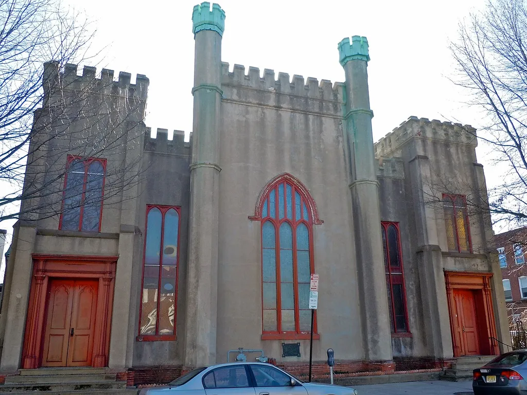 St. Michael's Episcopal Church on the NRHP since April 29, 1982. At 140 N. Warren St., Trenton, New Jersey. Funky front added in the 1820s or 1830s, but building much older. Plaque on fron says George Washington passed by here on his way to take command of Continental troops in Boston.