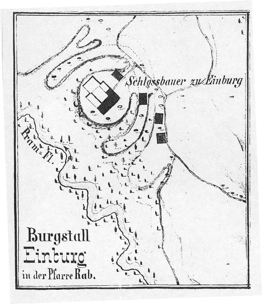Karte des Burgstalls Einburg bei Raab (nach Planskizze [Tab. F, Fig. 1] von Johann Ev. Lamprecht)