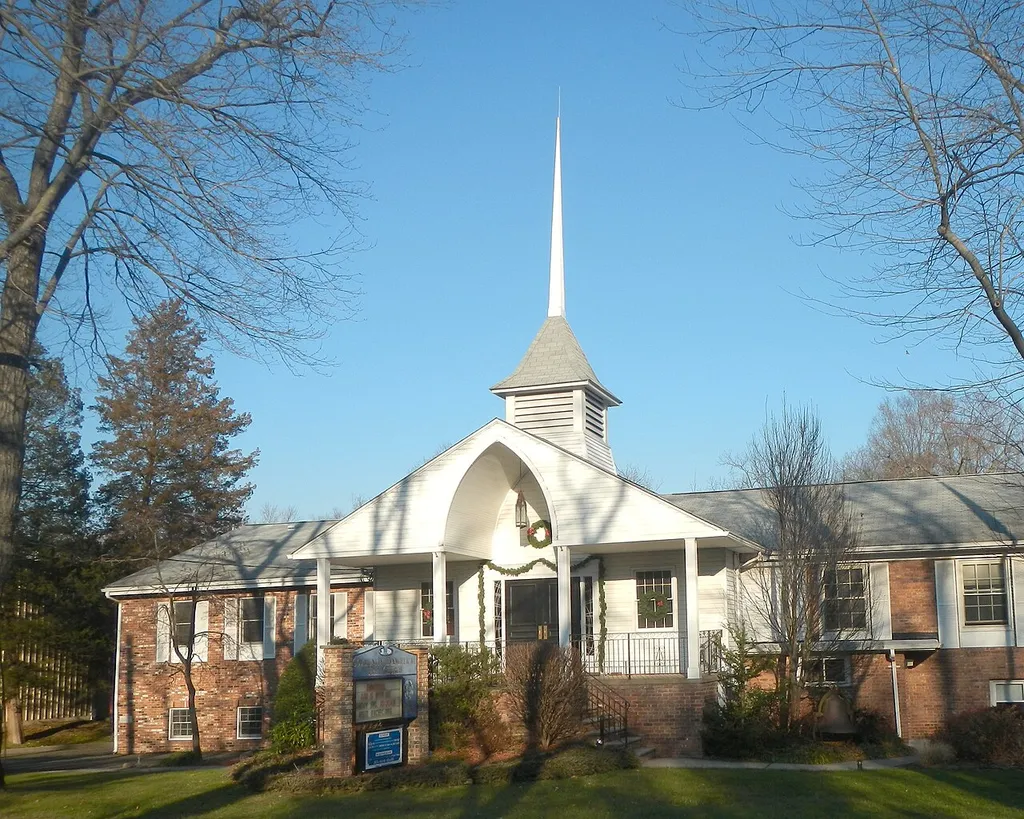 Looking northeast from New Street at church on a sunny late afternoon.