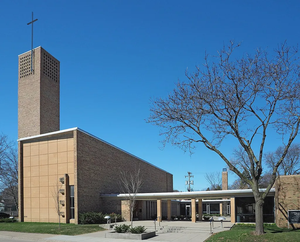 Christ Church Lutheran, 3244 34th Ave S, Minneapolis, Minnesota, USA. Viewed from the northeast. This is an image of a place or building that is listed on the National Register of Historic Places in the United States of America. Its reference number is 01000654 (Wikidata).