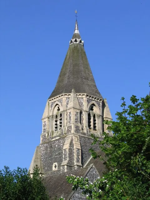 The spire and upper part the tower of Holy Trinity parish church, Trinity Street, Norwich, Norfolk