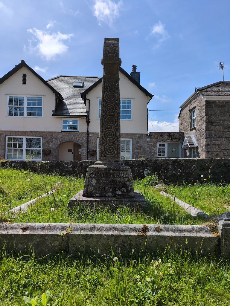 Photograph of the northerly aspect of the monument. Text at base reads: "SILVANUS TREVAIL OF TRURO 1851—1903.