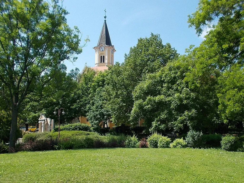 : Church of the Visitation from across Millennium Park, Downtown, Siófok, Somogy County, Hungary.
