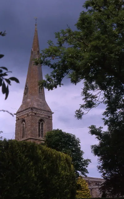 14th-century west tower and spire of All Saints' parish church, Braybrooke, Northamptonshire