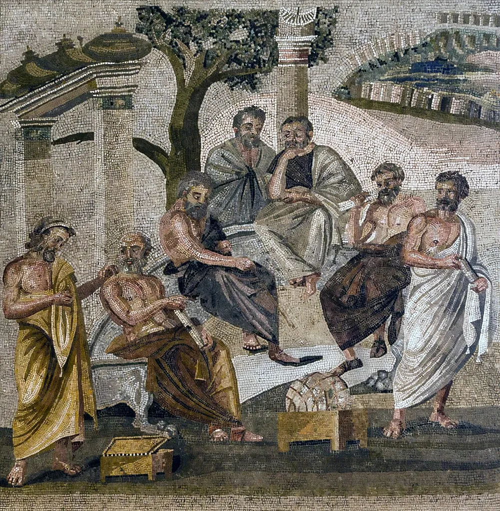 Plato’s Academy mosaic — from the Villa of T. Siminius Stephanus in Pompeii.