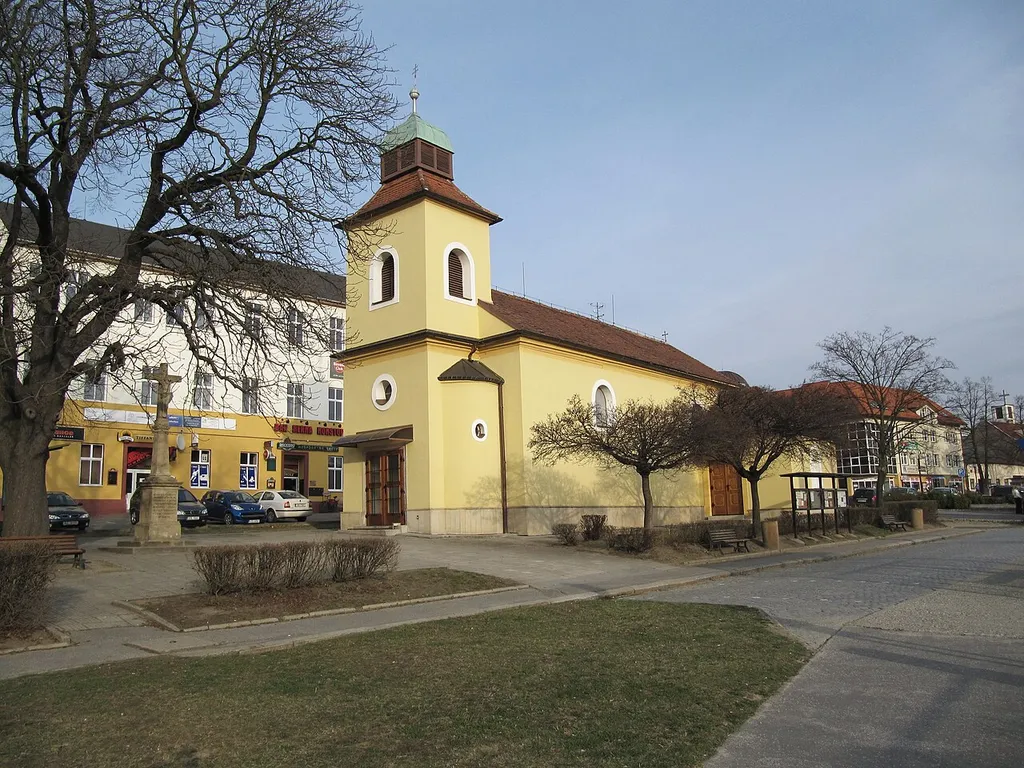 Otrokovice in Zlín District, Czech Republic. Square Náměstí 3. května, church of St. Michael the Archangel.