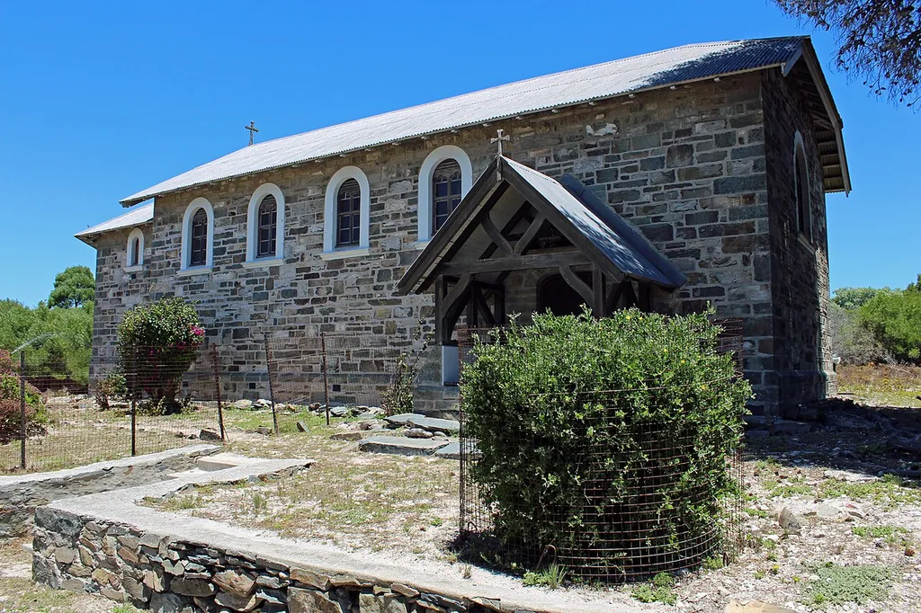 Leper church on Robben Island designed by Sir Herbert Baker. Photograph taken from tour bus (passengers not allowed to disembark).