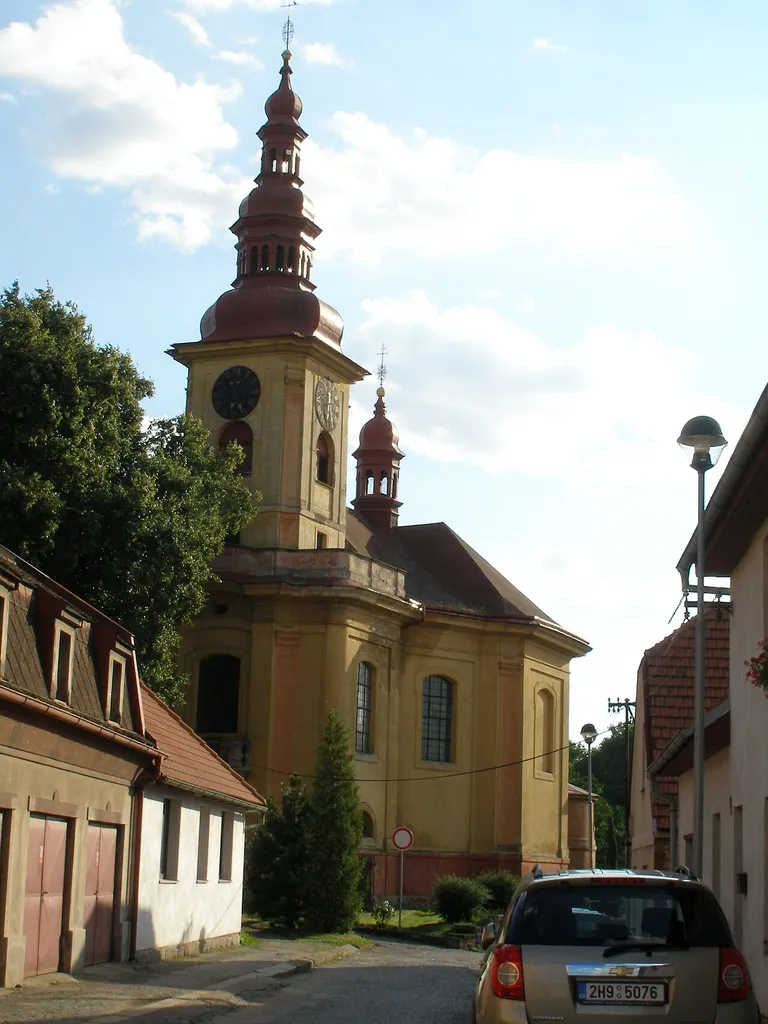 Kopidlno, Jičín District, Czech Republic. A view from town square towards St James the Great church.