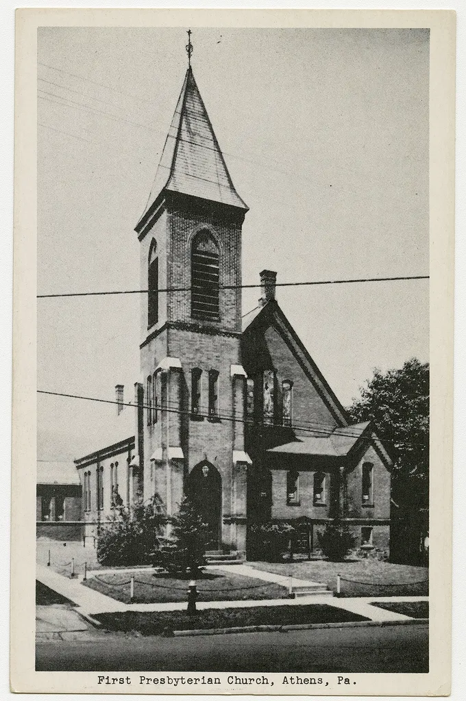 First Presbyterian church in Athens, Pennsylvania from a pre-1923 postcard From RG 428, Postcard Collection, Presbyterian Historical Society, Philadelphia, Pennsylvania.