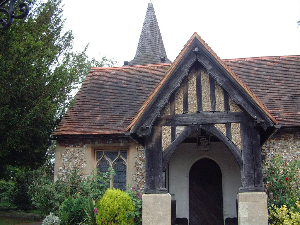 South porch of St Mary the Virgin parish church, Chessington, Surrey, seen from the southeast
