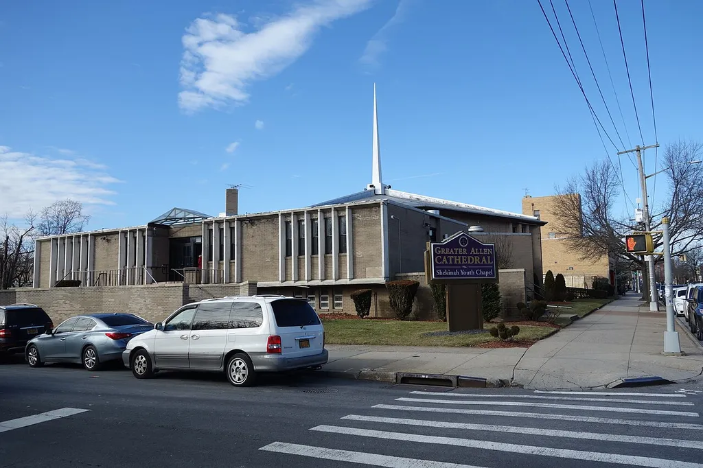 The Greater Allen Cathedral at the northwest corner of Merrick Boulevard and Sayres Avenue in St. Albans / South Jamaica, Queens.