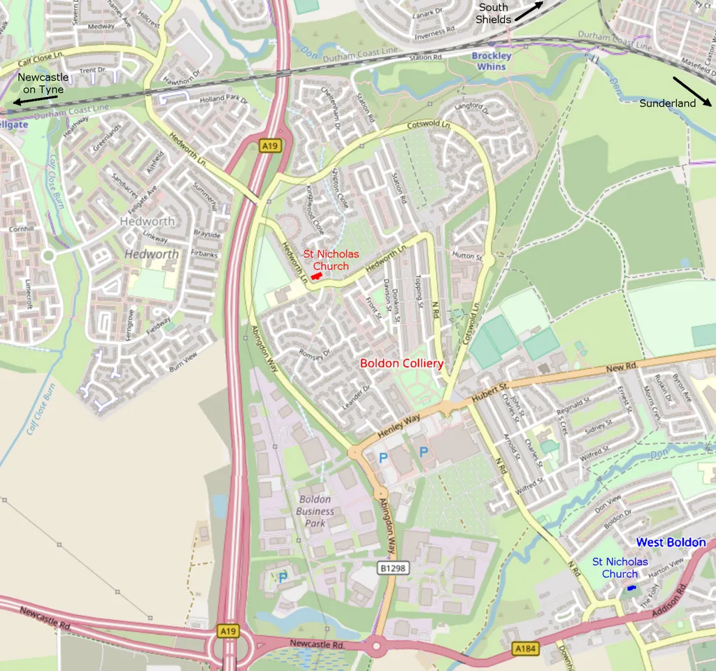 Location of the St Nicholas Churches in Bolden Colliery (c. 1880) and in West Boldon (13th century).