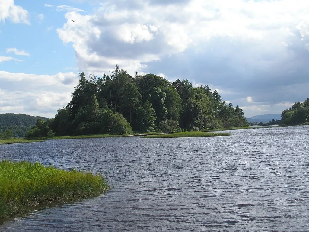 Tom Dubh island at the edge of Loch Insh, Speyside, Scotland
