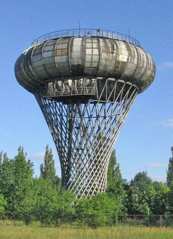 Water tower in Ciechanów, Poland. Designed by Jerzy Michał Bogusławski; built in 1972. The support structure is an hyperboloid lattice and the water reservoir is a toroid.