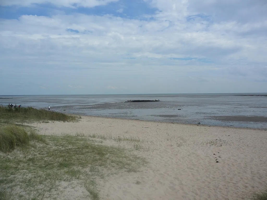 Part of the nature reserve "Wattenmeer nördlich des Hindenburgdammes" seen from the "Braderuper Heide/Sylt" nature reserve. In the wadden seee a wooden shipwreck is visible.