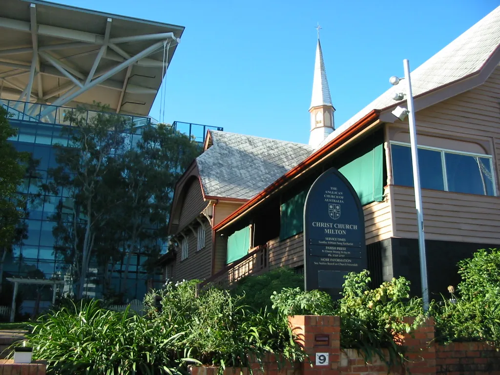 Christ Church, Milton, Brisbane, Queenslandm, Australia, with Suncorp Stadium in the background, 2005