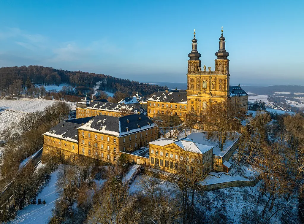 Aerial view of Banz Abbey in winter