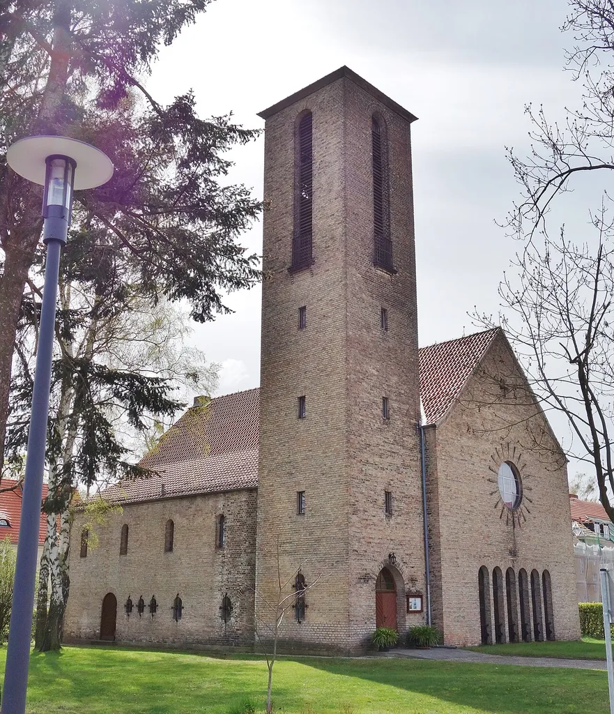 North-western view of church in Elstal, Wustermark municipality, Havelland district, Brandenburg state, Germany.